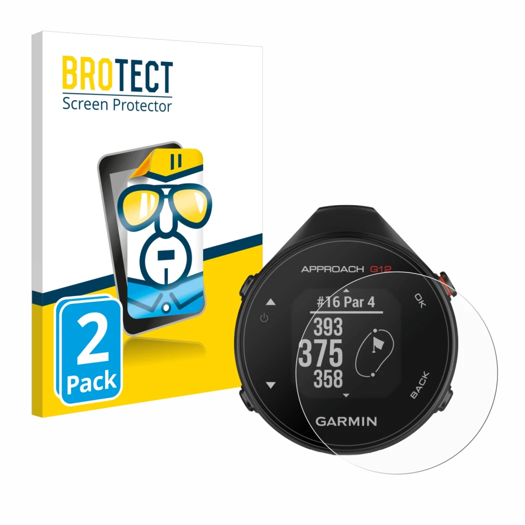 Vorderseite einer Produktverpackung mit dem Markenlogo BROTECT. Daneben ist das Gerät Garmin Approach G12 mit dem zugehörigen 