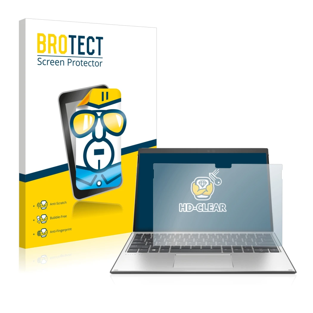 Vorderseite einer Produktverpackung mit dem Markenlogo BROTECT. Daneben ist das Gerät HP Elite x2 G8 mit dem zugehörigen Displ