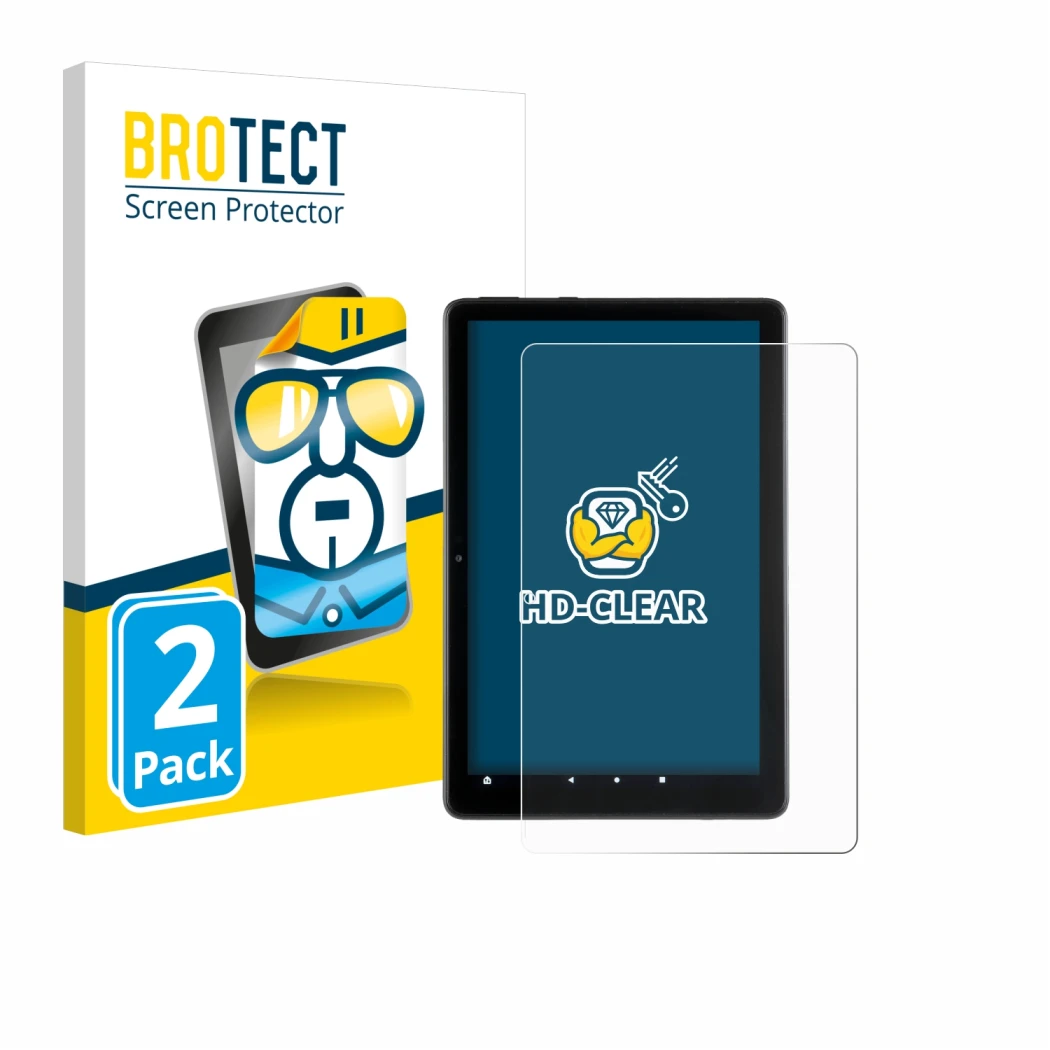Vorderseite einer Produktverpackung mit dem Markenlogo BROTECT. Daneben ist das Gerät Amazon Fire HD 10 2021 (11. Gen.) mit de
