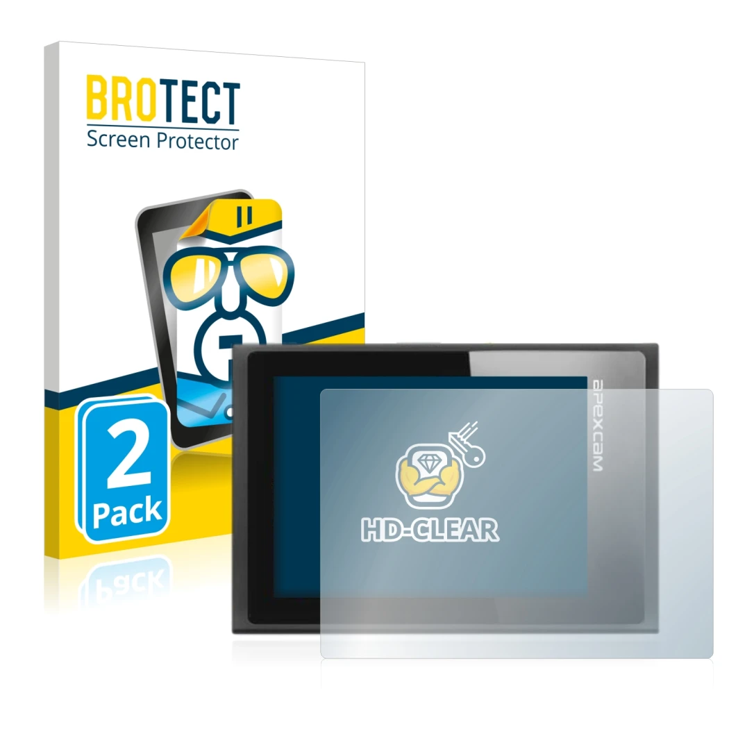 Vorderseite einer Produktverpackung mit dem Markenlogo BROTECT. Daneben ist das Gerät Apexcam ‎M80 Air mit dem zugehörigen Dis