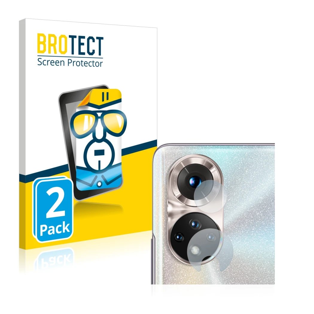 Vorderseite einer Produktverpackung mit dem Markenlogo BROTECT. Daneben ist das Gerät Honor 50 (NUR Kameraschutz) mit dem zuge