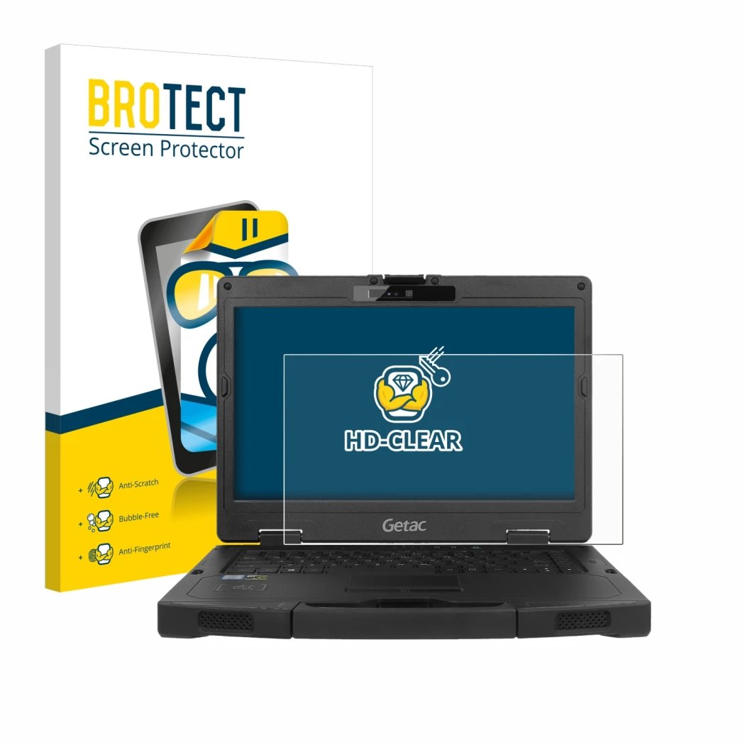 Vorderseite einer Produktverpackung mit dem Markenlogo BROTECT. Daneben ist das Gerät Getac S410 mit dem zugehörigen Displaysc