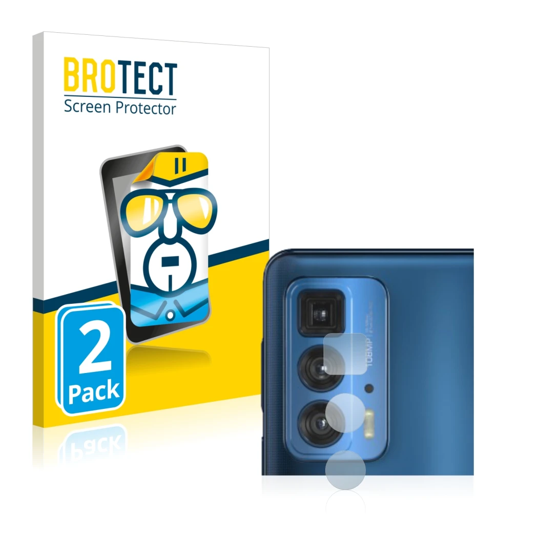 Vorderseite einer Produktverpackung mit dem Markenlogo BROTECT. Daneben ist das Gerät Motorola Edge 20 Pro (NUR Kameraschutz)