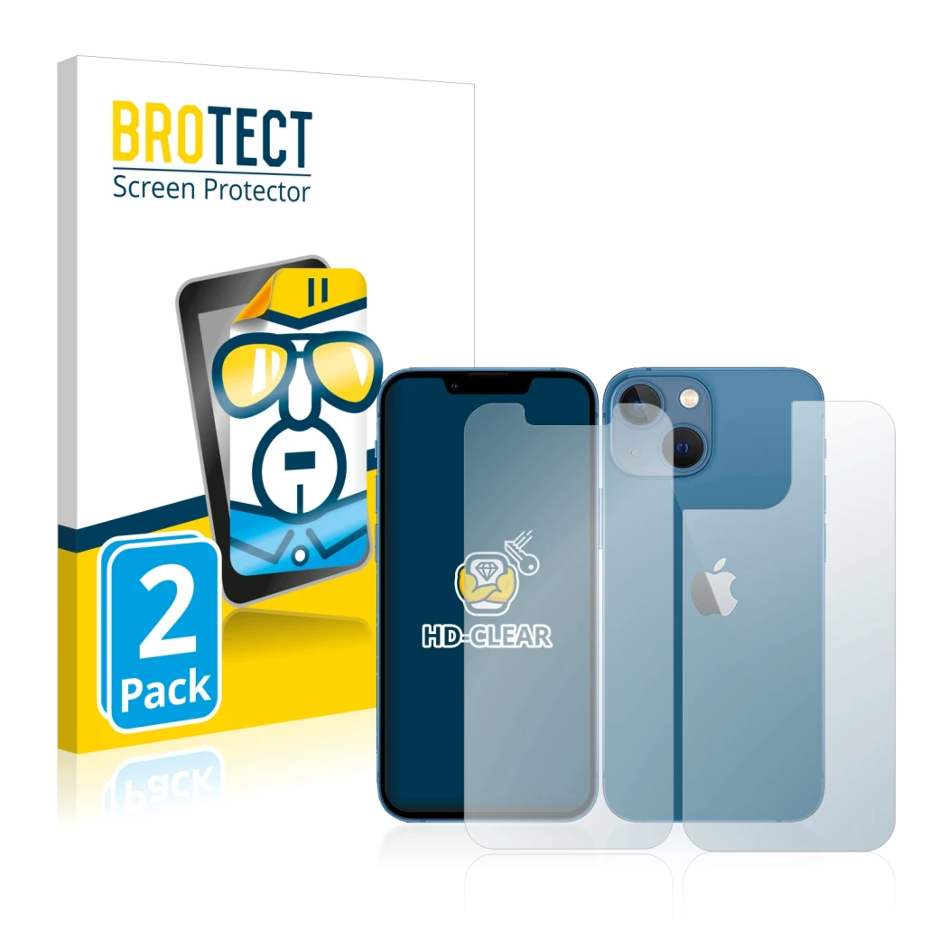 Vorderseite einer Produktverpackung mit dem Markenlogo BROTECT. Daneben ist das Gerät Apple iPhone 13 mini (Display+Rückseite)