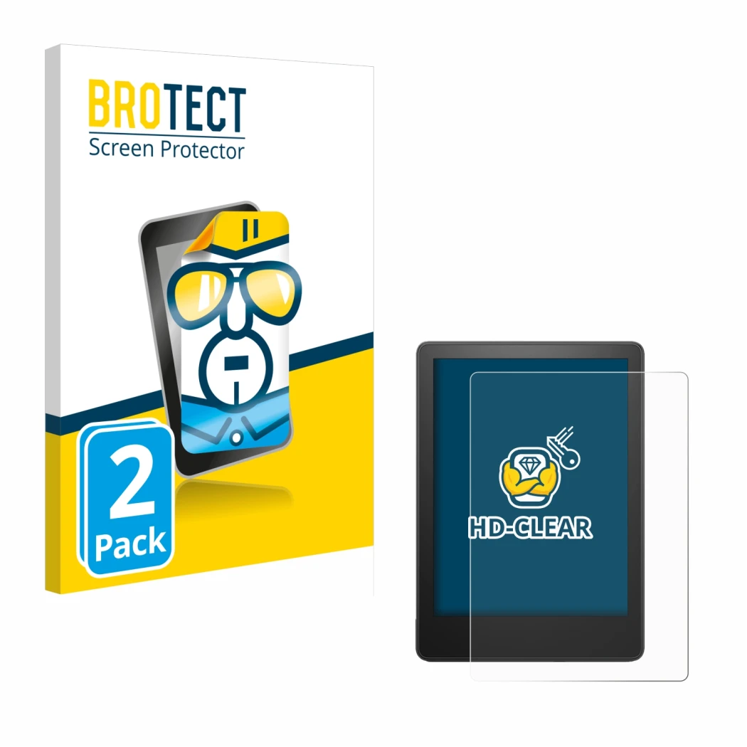Vorderseite einer Produktverpackung mit dem Markenlogo BROTECT. Daneben ist das Gerät Amazon Kindle Paperwhite 2021 (11. Gen.)