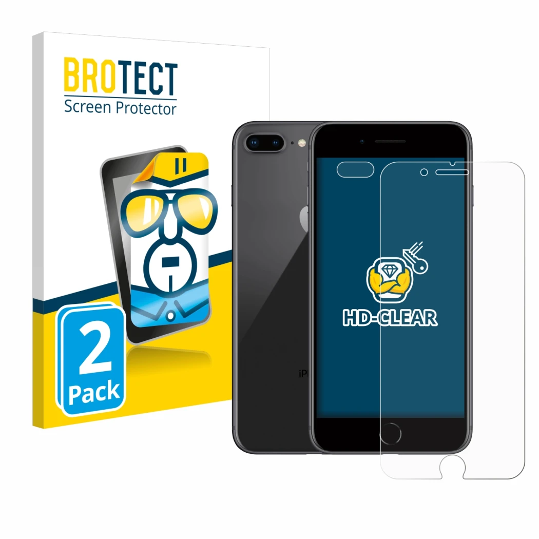 Vorderseite einer Produktverpackung mit dem Markenlogo BROTECT. Daneben ist das Gerät Apple iPhone 8 Plus (Display+Kamera) mit