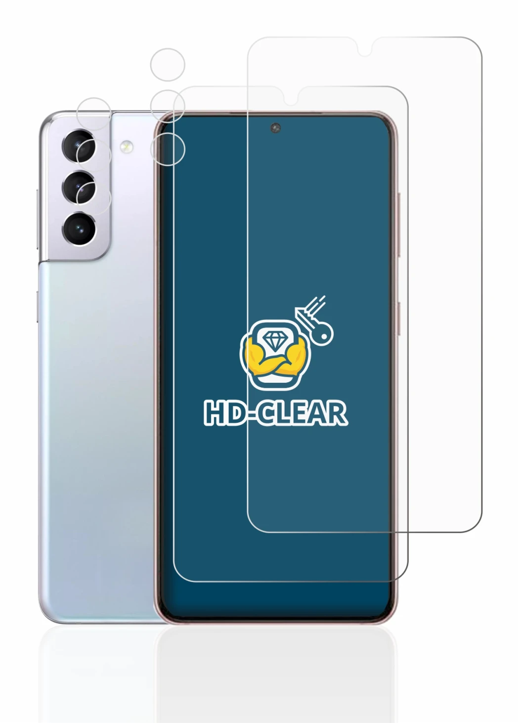 Abbildung des Geräts Samsung Galaxy S21 5G (Display+Kamera) mit einer Vielzahl des Displayschutzes.