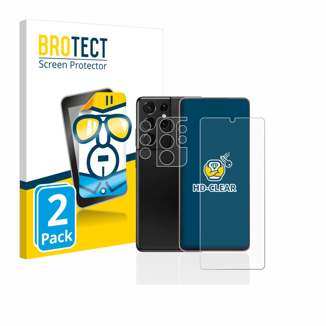 Vorderseite einer Produktverpackung mit dem Markenlogo BROTECT. Daneben ist das Gerät Samsung Galaxy S21 Ultra 5G (Display+Kam