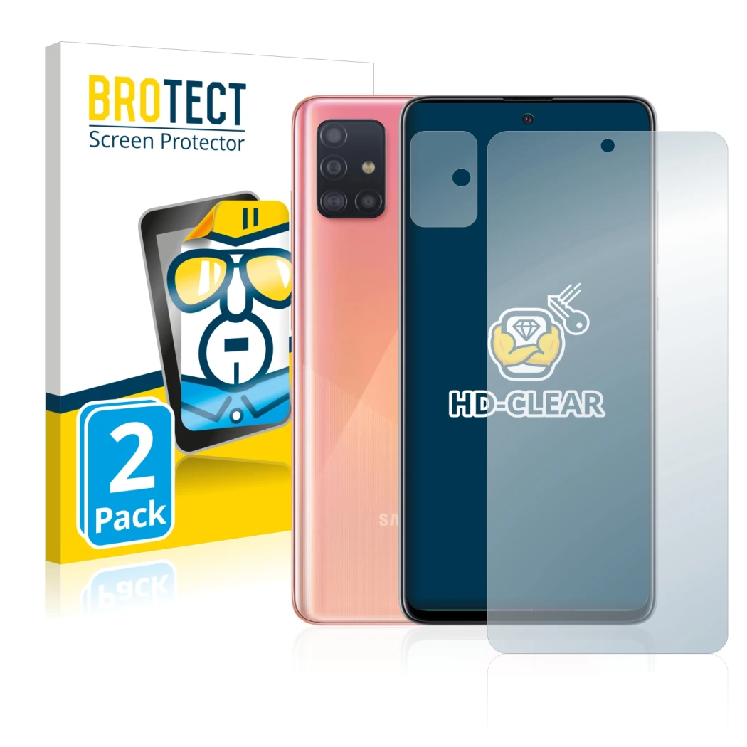 Vorderseite einer Produktverpackung mit dem Markenlogo BROTECT. Daneben ist das Gerät Samsung Galaxy A51 (Display+Kamera) mit