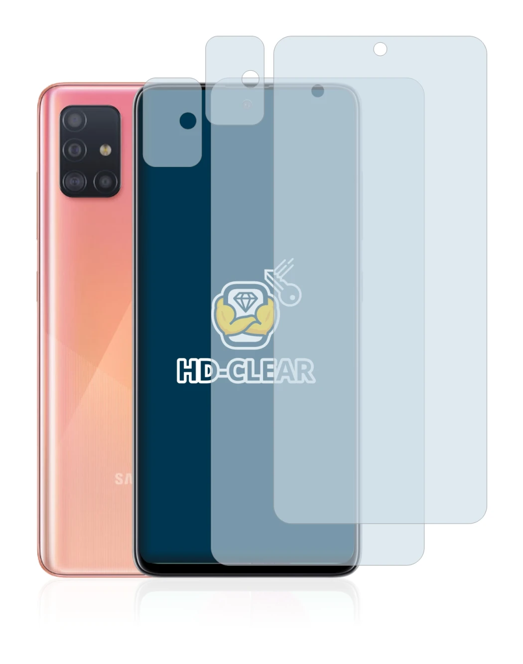 Abbildung des Geräts Samsung Galaxy A51 (Display+Kamera) mit einer Vielzahl des Displayschutzes.