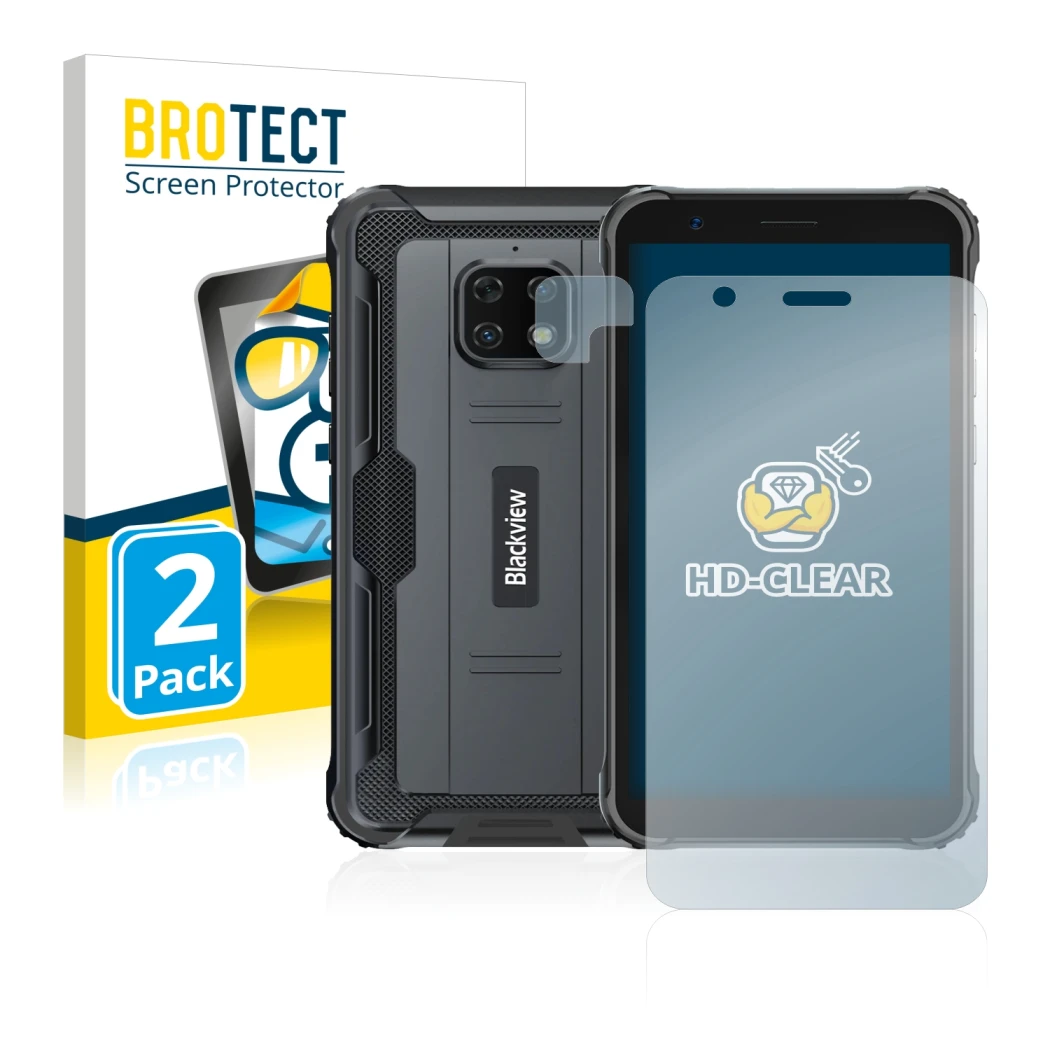 Vorderseite einer Produktverpackung mit dem Markenlogo BROTECT. Daneben ist das Gerät Blackview BV4900S (Display+Kamera) mit d