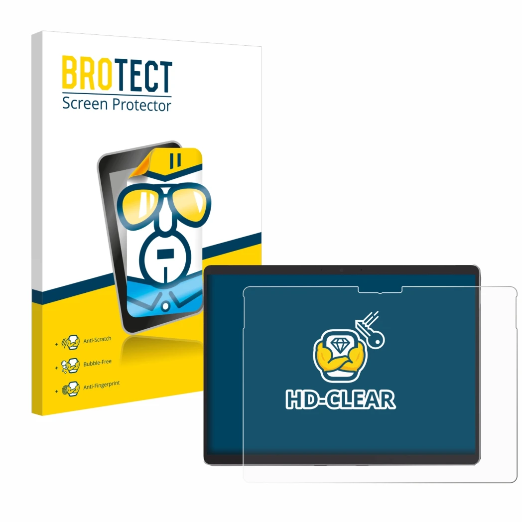 Vorderseite einer Produktverpackung mit dem Markenlogo BROTECT. Daneben ist das Gerät Microsoft Surface Pro 8 (2021) mit dem z