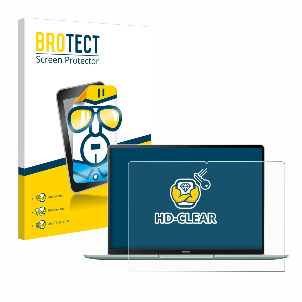 Vorderseite einer Produktverpackung mit dem Markenlogo BROTECT. Daneben ist das Gerät Huawei MateBook 14s mit dem zugehörigen 