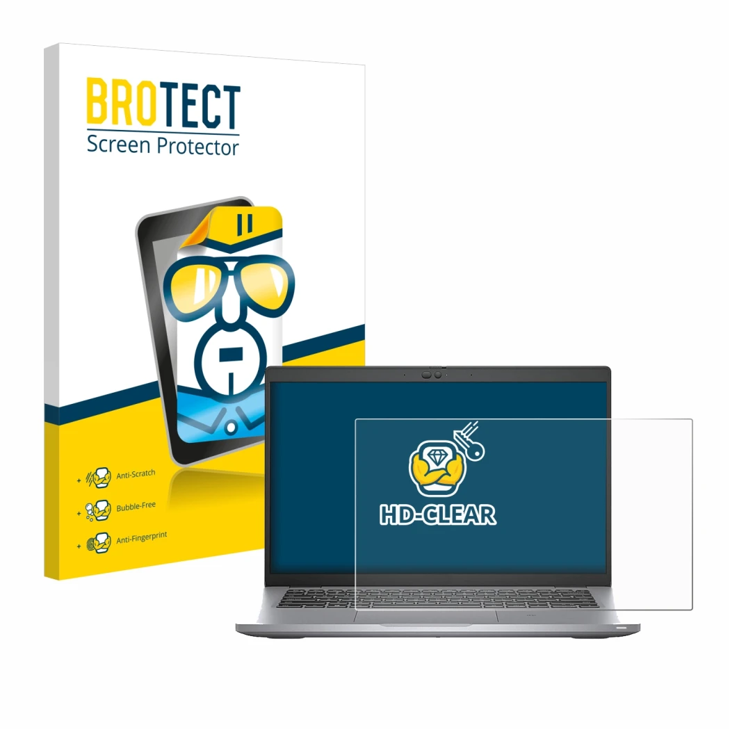 Vorderseite einer Produktverpackung mit dem Markenlogo BROTECT. Daneben ist das Gerät Dell Latitude 5420 mit dem zugehörigen D