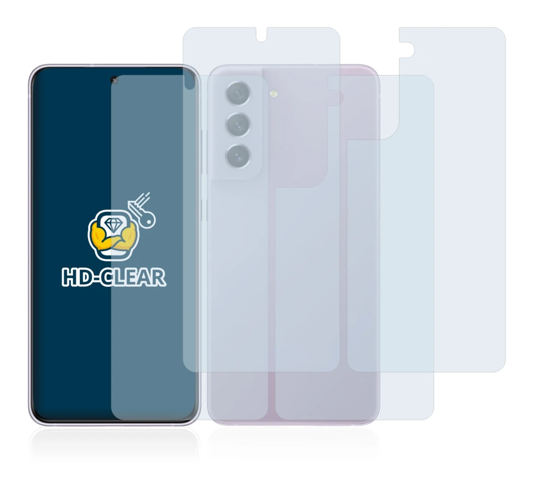 Abbildung des Geräts Samsung Galaxy S21 FE 5G (Display+Rückseite) mit einer Vielzahl des Displayschutzes.