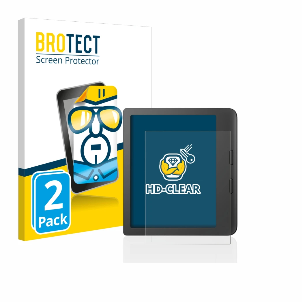 Vorderseite einer Produktverpackung mit dem Markenlogo BROTECT. Daneben ist das Gerät Tolino Vision 6 mit dem zugehörigen Disp