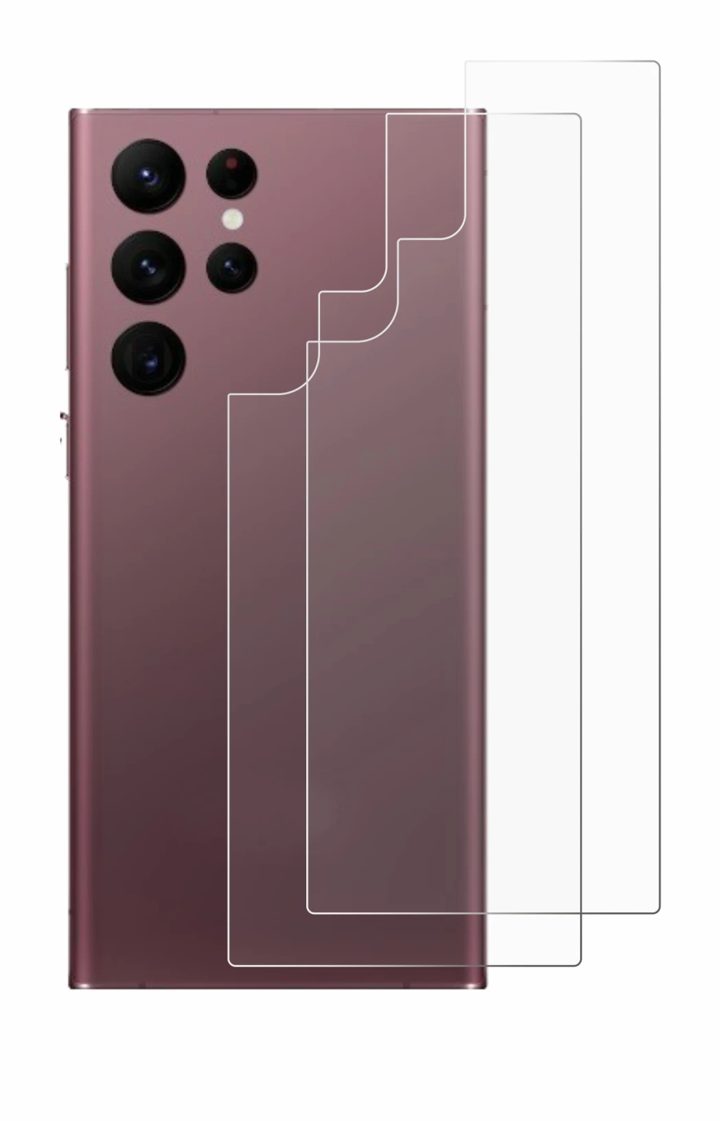 Abbildung des Geräts Samsung Galaxy S22 Ultra 5G (Rückseite) mit einer Vielzahl des Displayschutzes.
