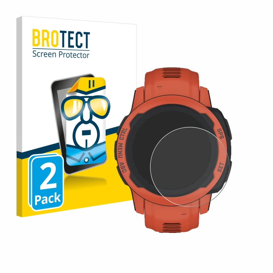 Vorderseite einer Produktverpackung mit dem Markenlogo BROTECT. Daneben ist das Gerät Garmin Instinct 2S mit dem zugehörigen D