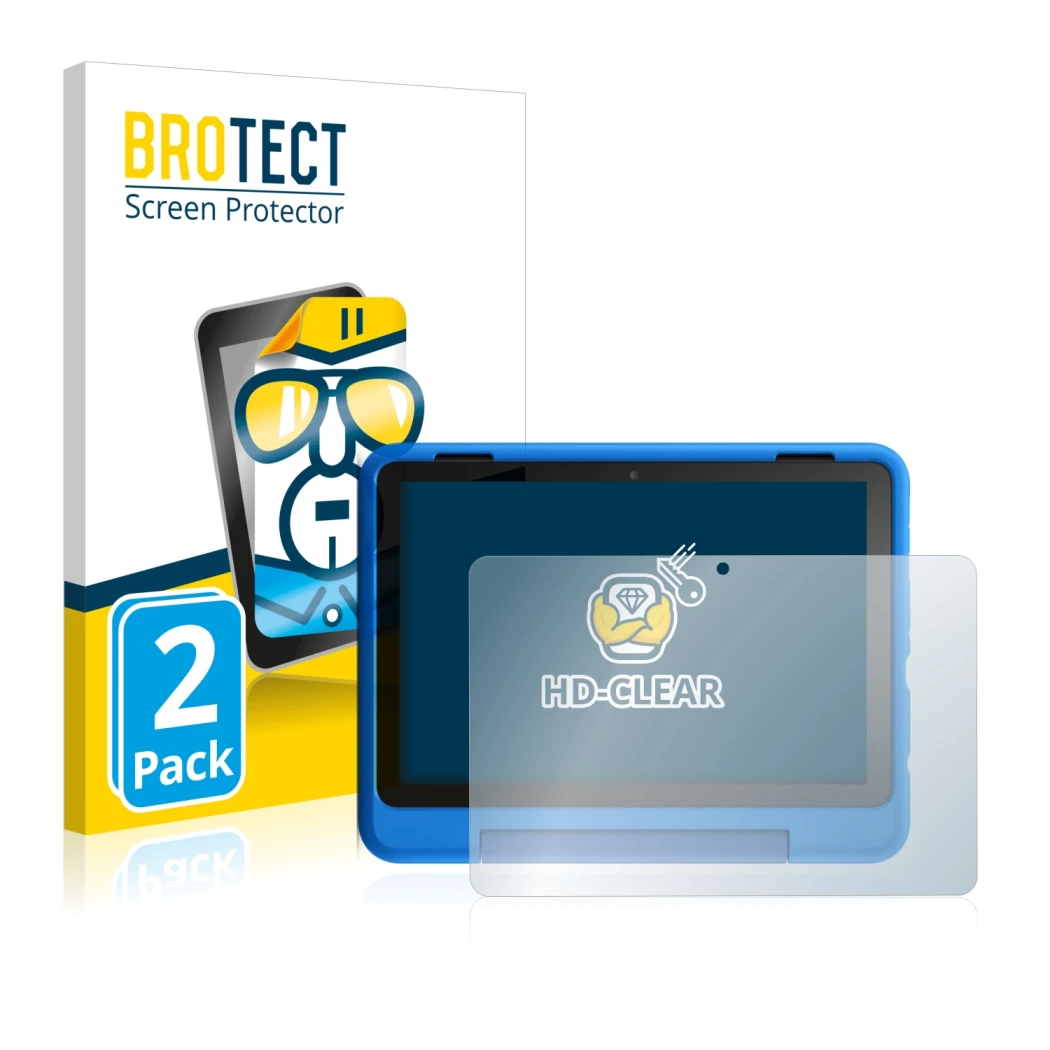 Vorderseite einer Produktverpackung mit dem Markenlogo BROTECT. Daneben ist das Gerät Amazon Fire HD 8 Kids Pro Edition 2021 (