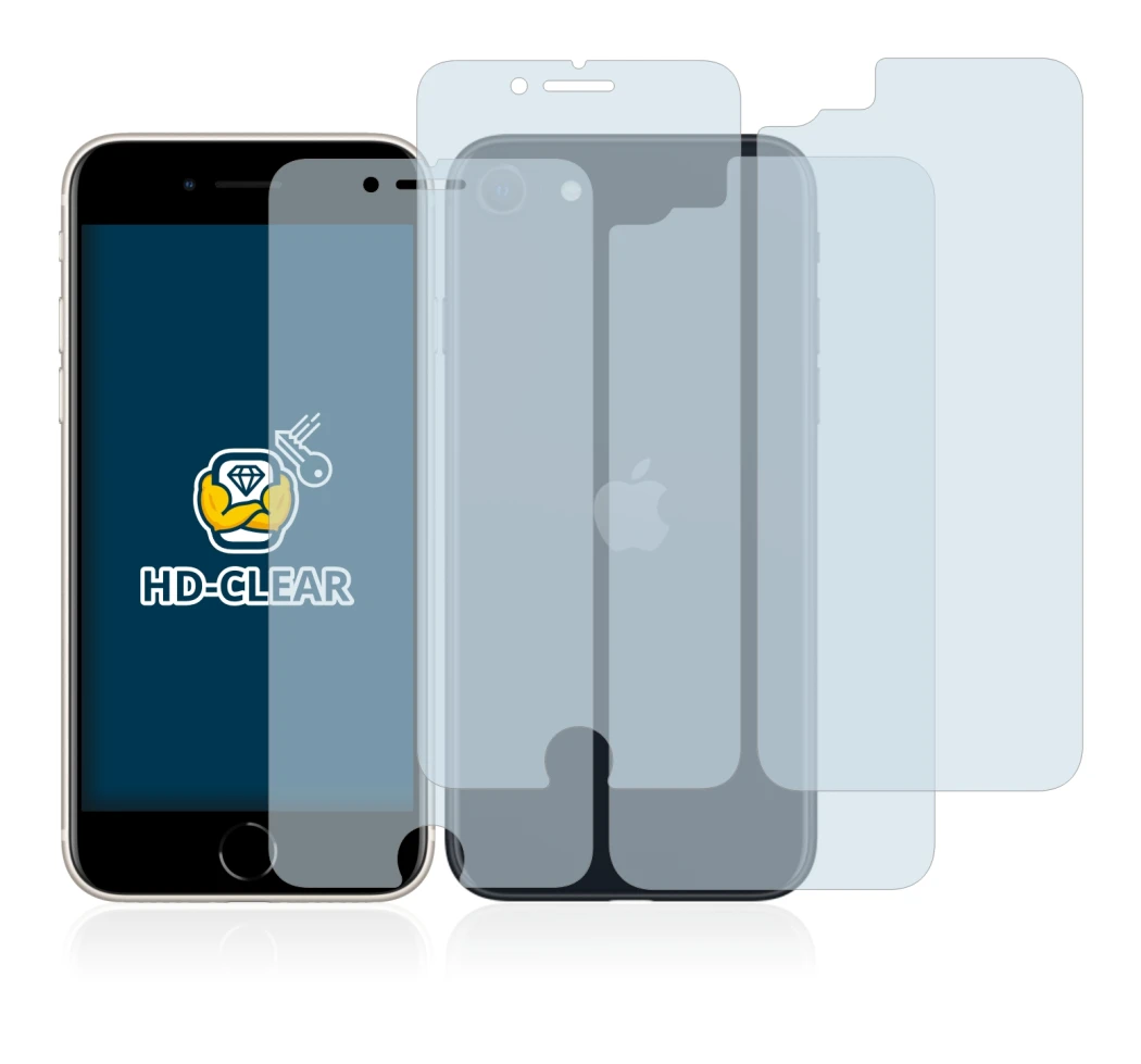 Abbildung des Geräts Apple iPhone SE 3 2022 (Display+Rückseite) mit einer Vielzahl des Displayschutzes.