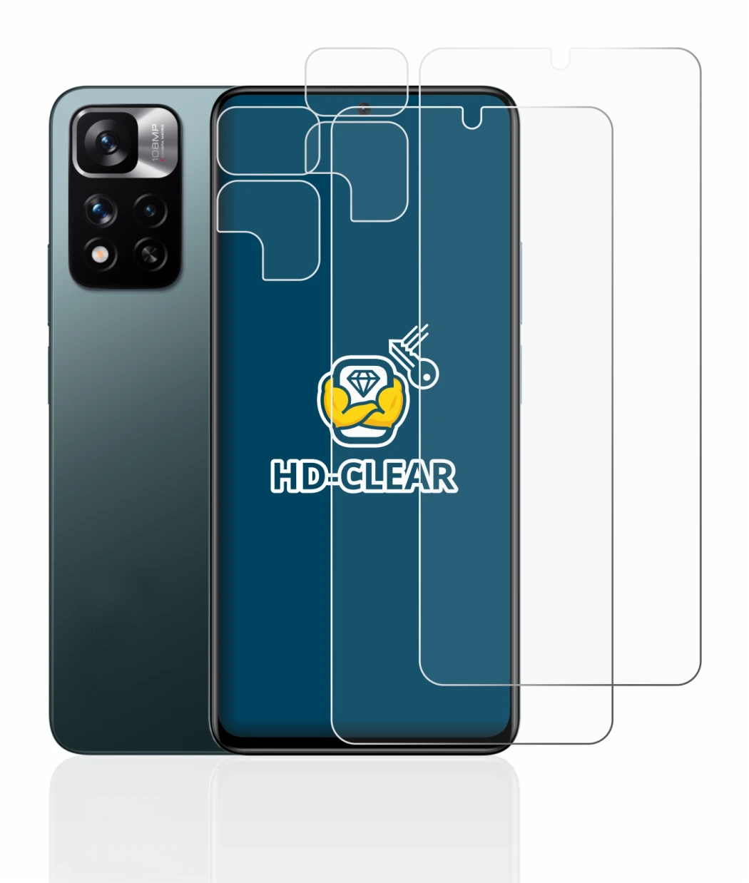 Abbildung des Geräts Xiaomi Redmi Note 11 Pro+ 5G (Display+Kamera) mit einer Vielzahl des Displayschutzes.