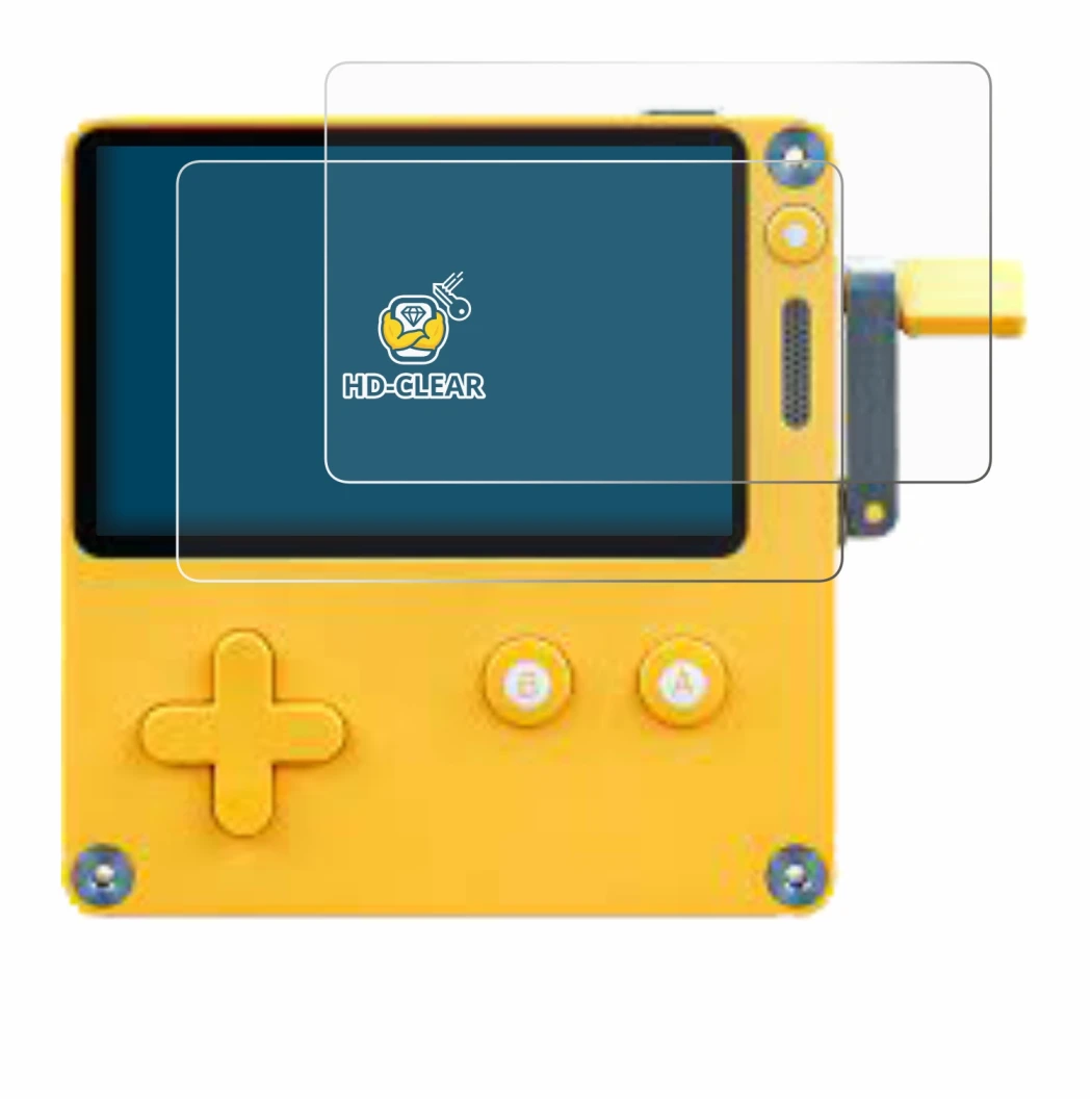 Abbildung des Geräts Panic Playdate mit einer Vielzahl des Displayschutzes.