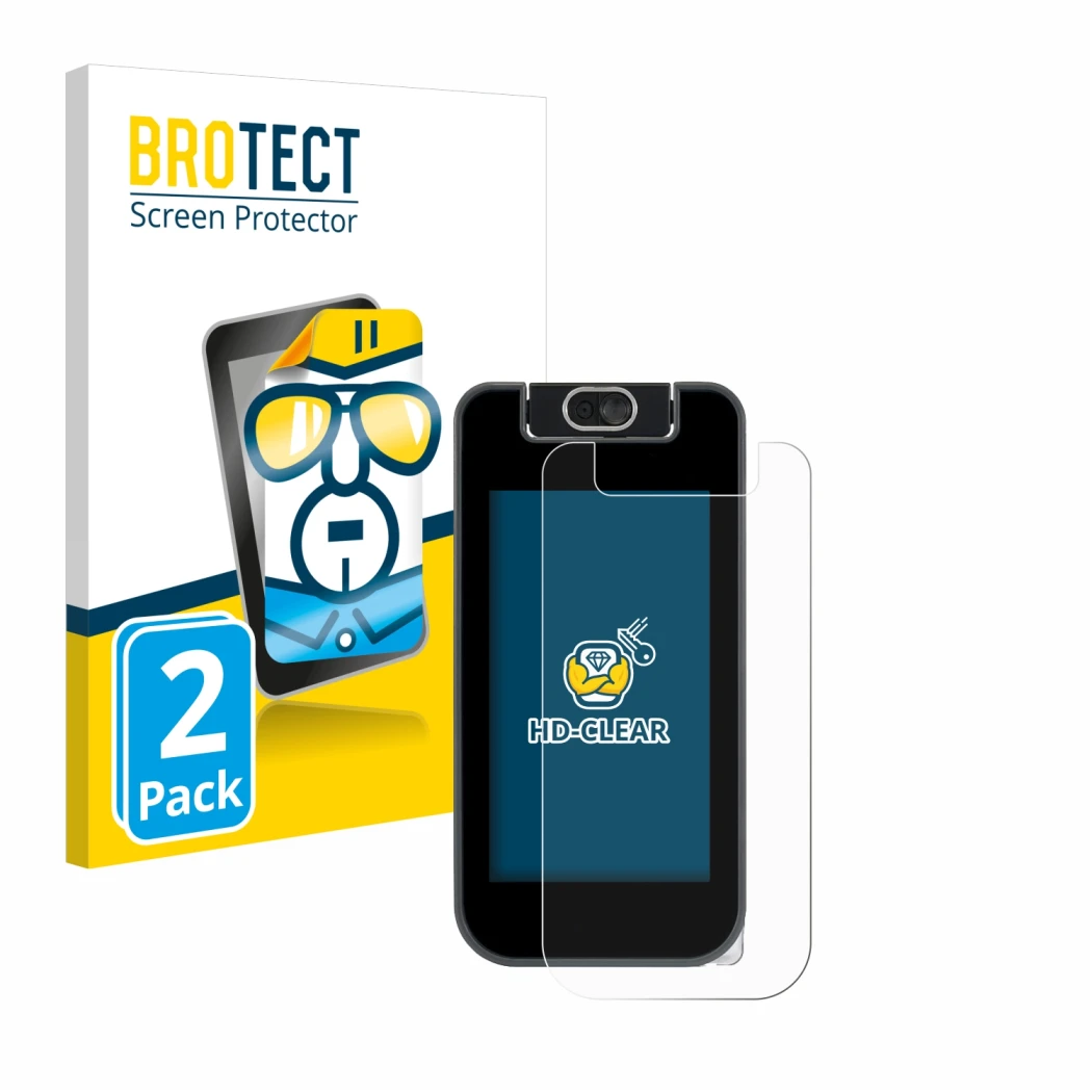 Vorderseite einer Produktverpackung mit dem Markenlogo BROTECT. Daneben ist das Gerät Vtech KidiBuzz 3 mit dem zugehörigen Dis