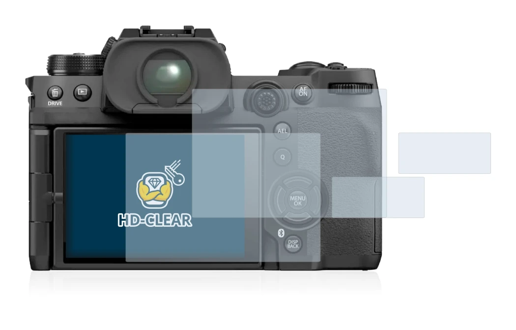 Abbildung des Geräts Fujifilm X-H2S mit einer Vielzahl des Displayschutzes.
