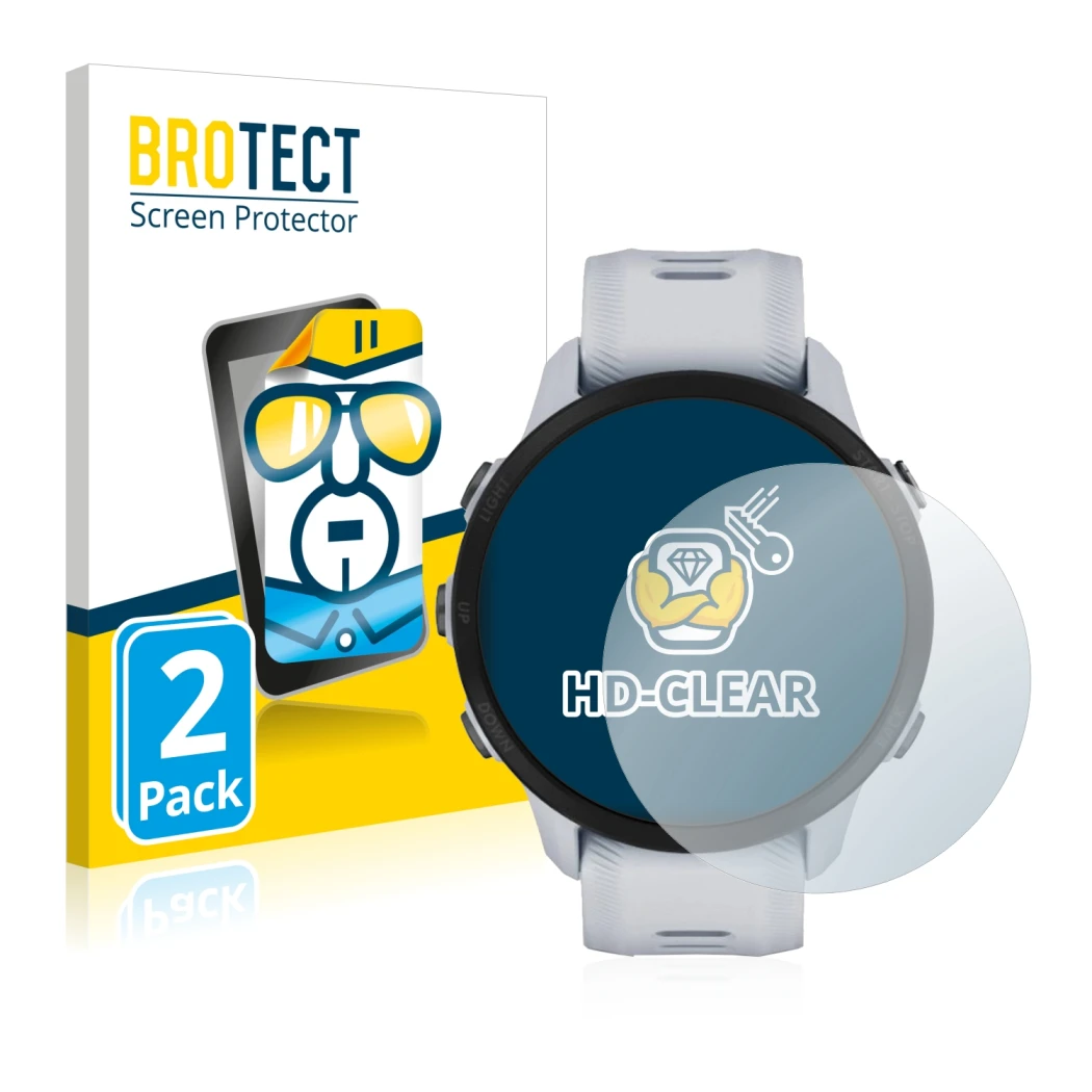 Vorderseite einer Produktverpackung mit dem Markenlogo BROTECT. Daneben ist das Gerät Garmin Forerunner 955 mit dem zugehörige