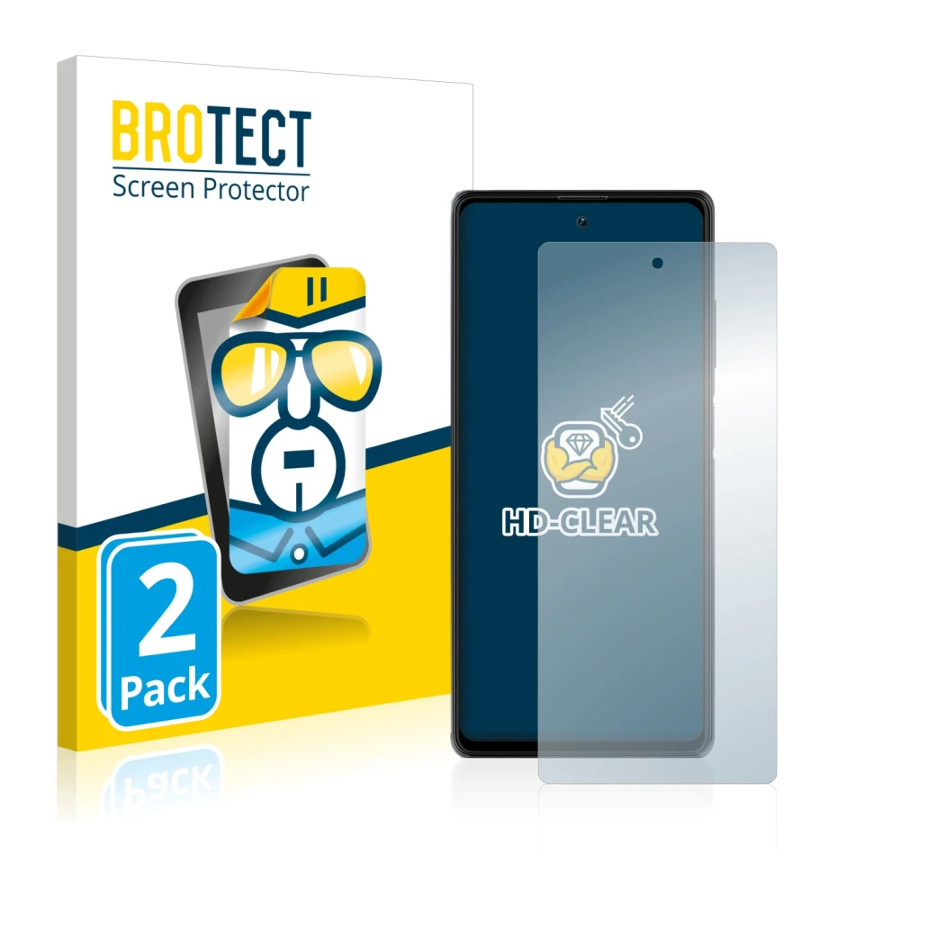 Vorderseite einer Produktverpackung mit dem Markenlogo BROTECT. Daneben ist das Gerät Blackview A100 mit dem zugehörigen Displ