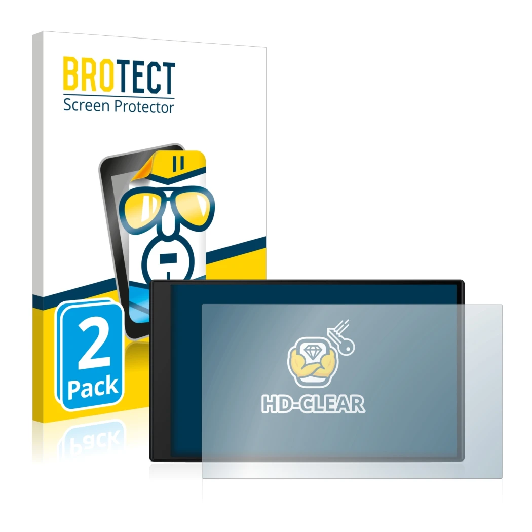 Vorderseite einer Produktverpackung mit dem Markenlogo BROTECT. Daneben ist das Gerät Garmin Camper 795 mit dem zugehörigen Di