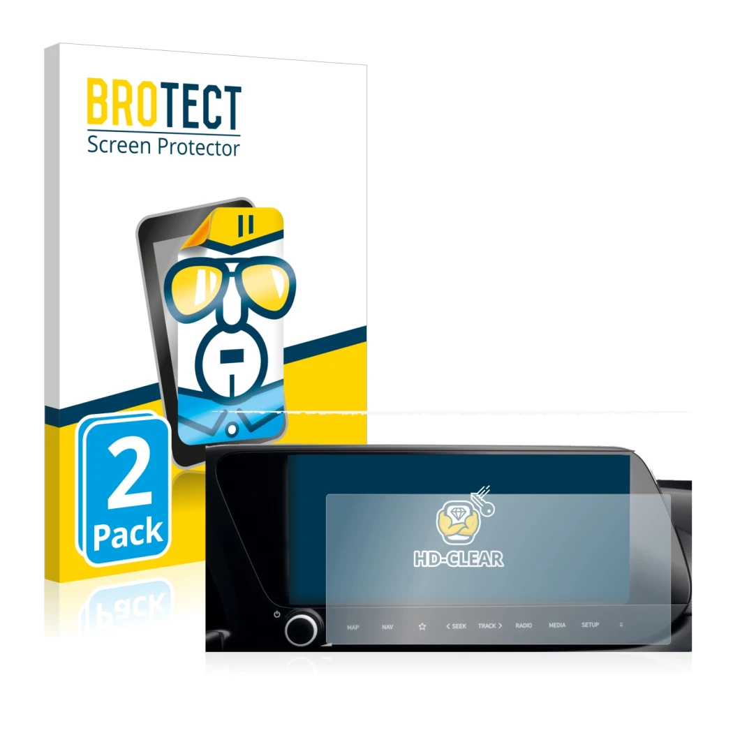 Vorderseite einer Produktverpackung mit dem Markenlogo BROTECT. Daneben ist das Gerät Hyundai i20 2022 Infotainment System 10
