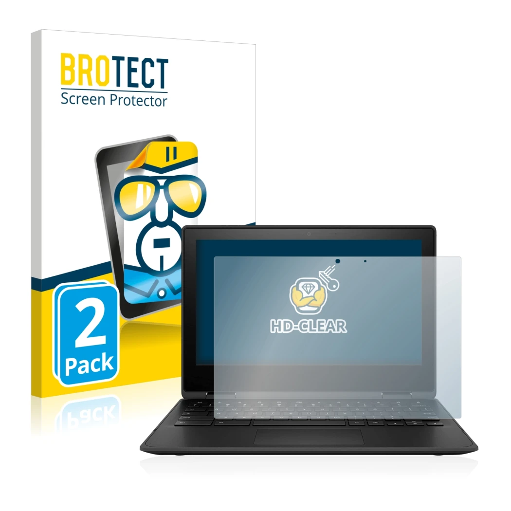 Vorderseite einer Produktverpackung mit dem Markenlogo BROTECT. Daneben ist das Gerät HP Chromebook x360 11 G3 mit dem zugehör