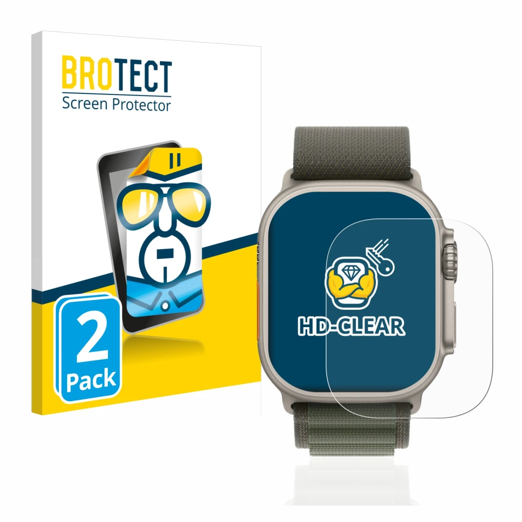 Vorderseite einer Produktverpackung mit dem Markenlogo BROTECT. Daneben ist das Gerät Apple Watch Ultra (49 mm) mit dem zugehö