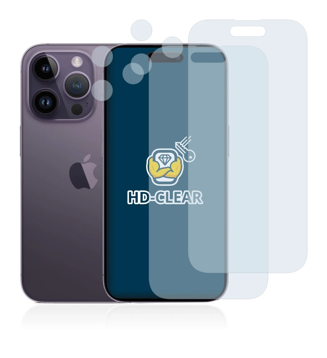 Abbildung des Geräts Apple iPhone 14 Pro (Display+Kamera) mit einer Vielzahl des Displayschutzes.