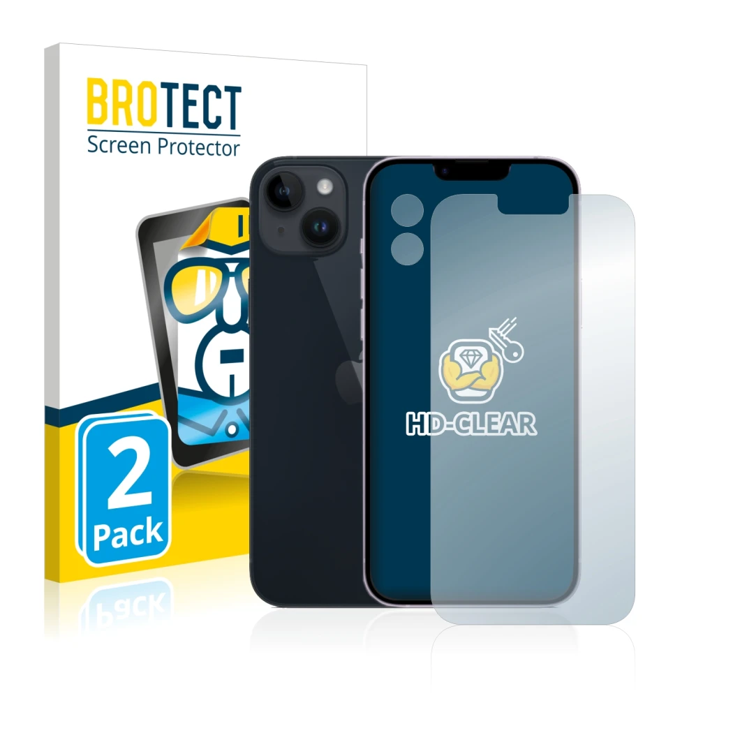 Vorderseite einer Produktverpackung mit dem Markenlogo BROTECT. Daneben ist das Gerät Apple iPhone 14 Plus (Display+Kamera) mi