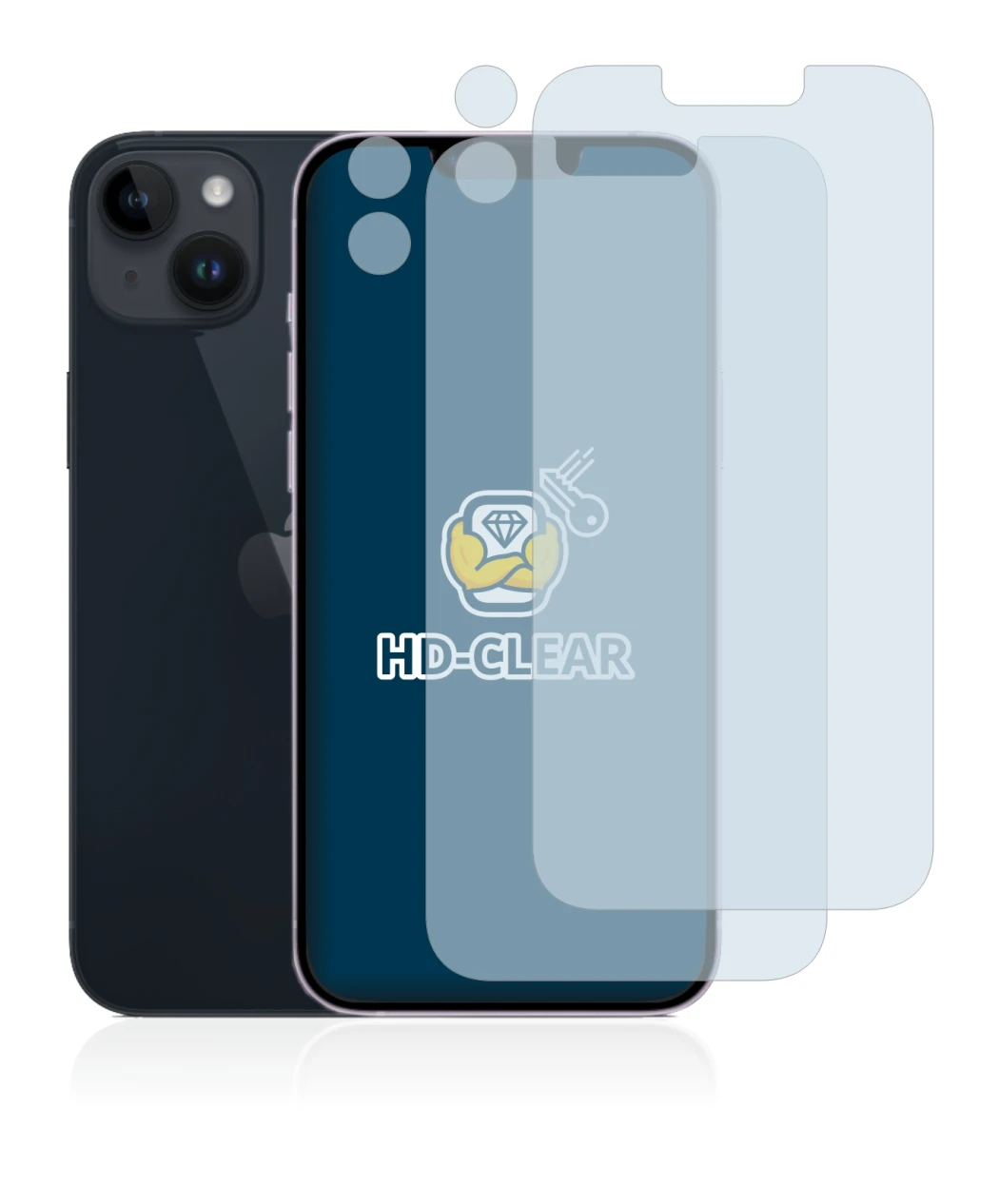 Abbildung des Geräts Apple iPhone 14 Plus (Display+Kamera) mit einer Vielzahl des Displayschutzes.