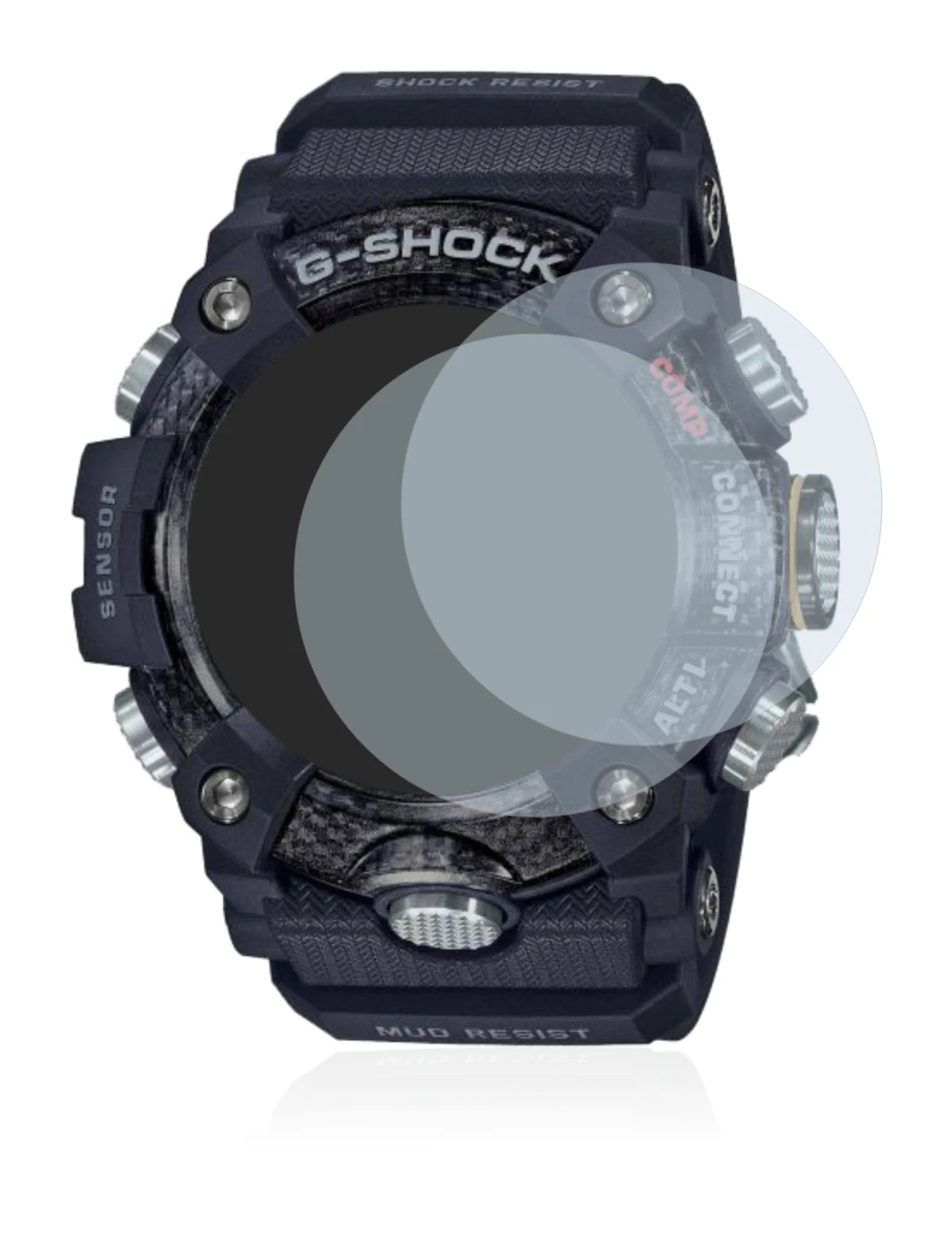 Abbildung des Geräts Casio G-Shock Mudmaster GG-B100-1AER mit einer Vielzahl des Displayschutzes.