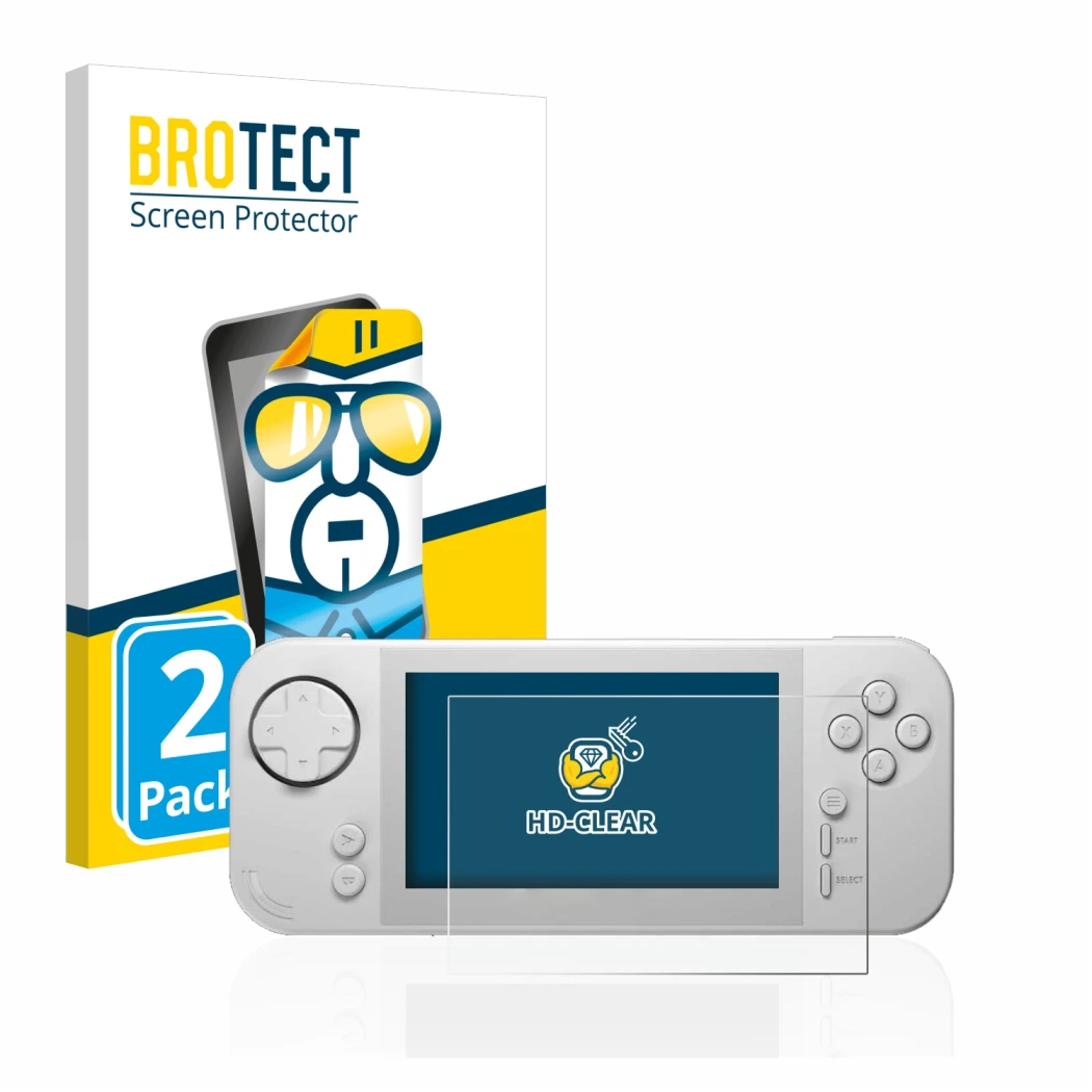 Vorderseite einer Produktverpackung mit dem Markenlogo BROTECT. Daneben ist das Gerät Evercade EXP mit dem zugehörigen Display