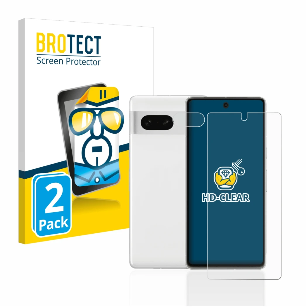 Vorderseite einer Produktverpackung mit dem Markenlogo BROTECT. Daneben ist das Gerät Google Pixel 7 (Display+Kamera) mit dem 