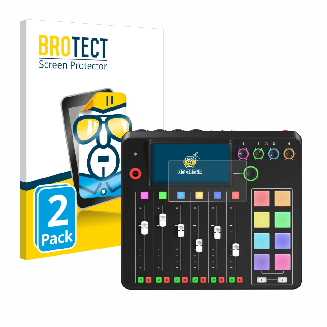 Vorderseite einer Produktverpackung mit dem Markenlogo BROTECT. Daneben ist das Gerät Rode Rodecaster Pro II mit dem zugehörig