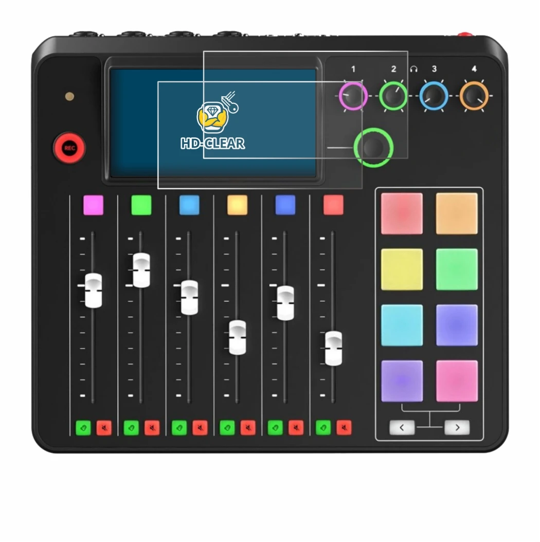 Abbildung des Geräts Rode Rodecaster Pro II mit einer Vielzahl des Displayschutzes.