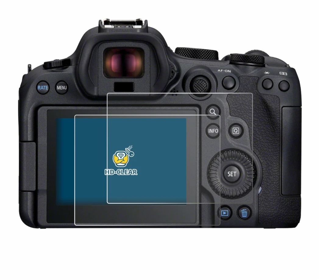 Abbildung des Geräts Canon EOS R6 Mark II mit einer Vielzahl des Displayschutzes.