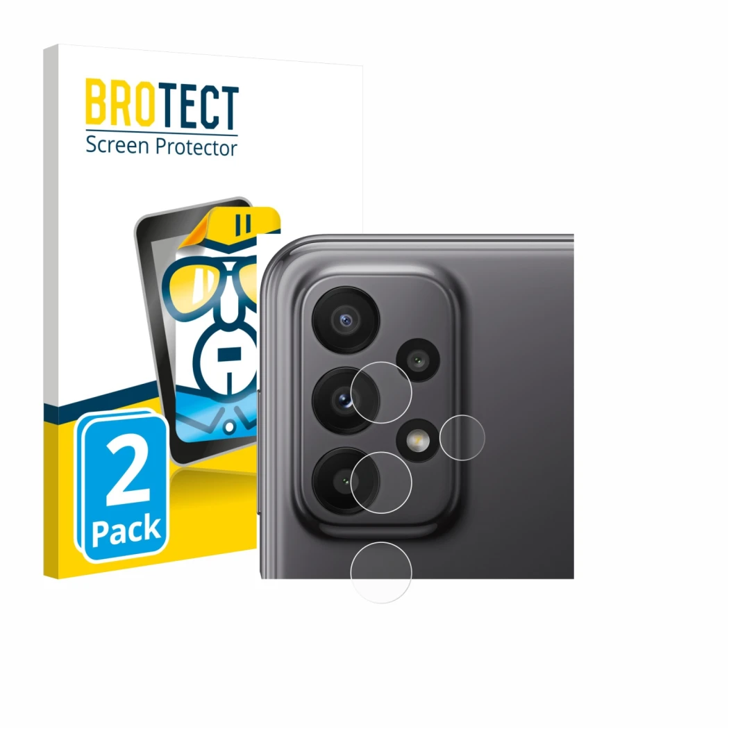 Vorderseite einer Produktverpackung mit dem Markenlogo BROTECT. Daneben ist das Gerät Samsung Galaxy A23 5G (NUR Kameraschutz)