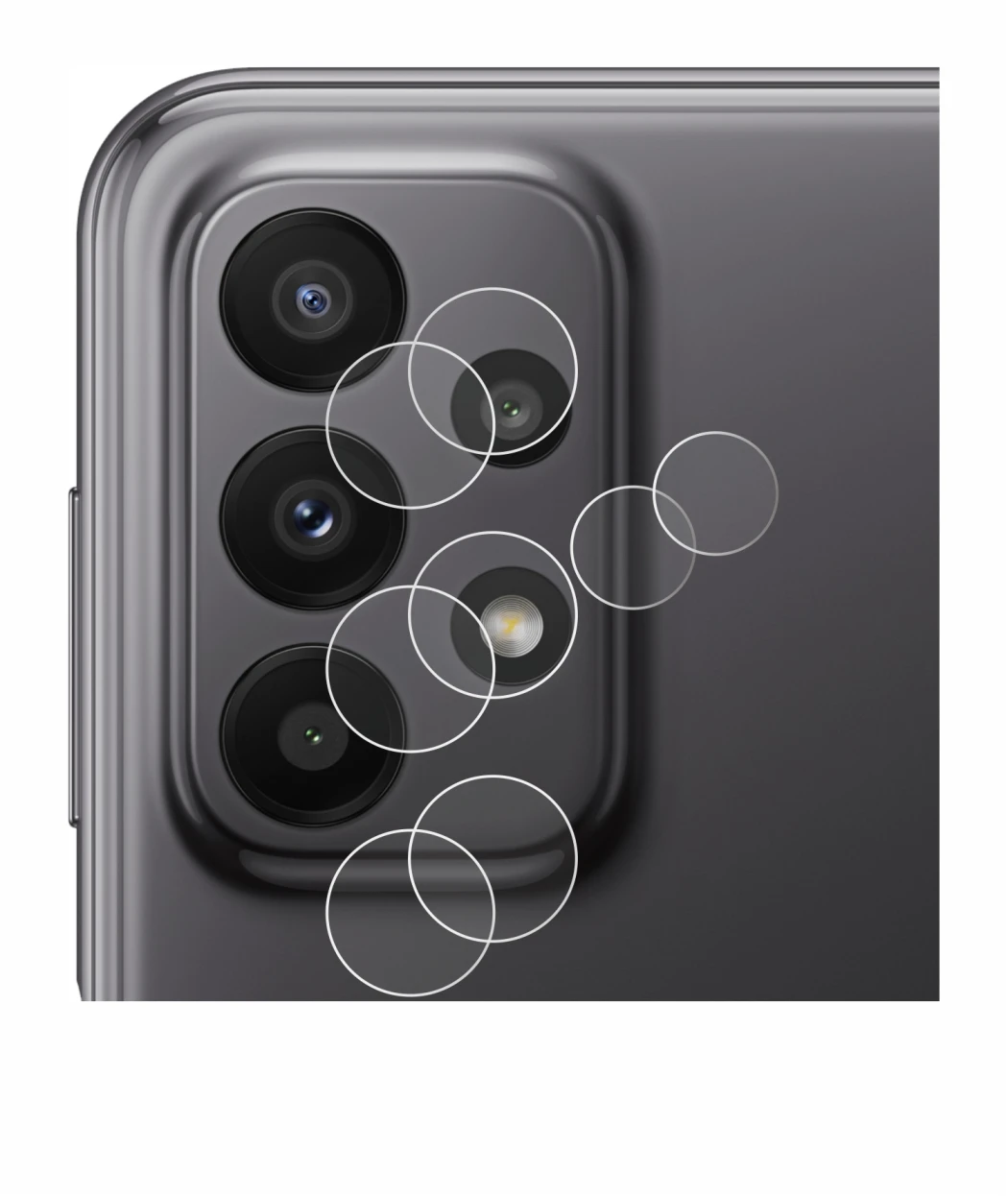 Abbildung des Geräts Samsung Galaxy A23 5G (NUR Kameraschutz) mit einer Vielzahl des Displayschutzes.