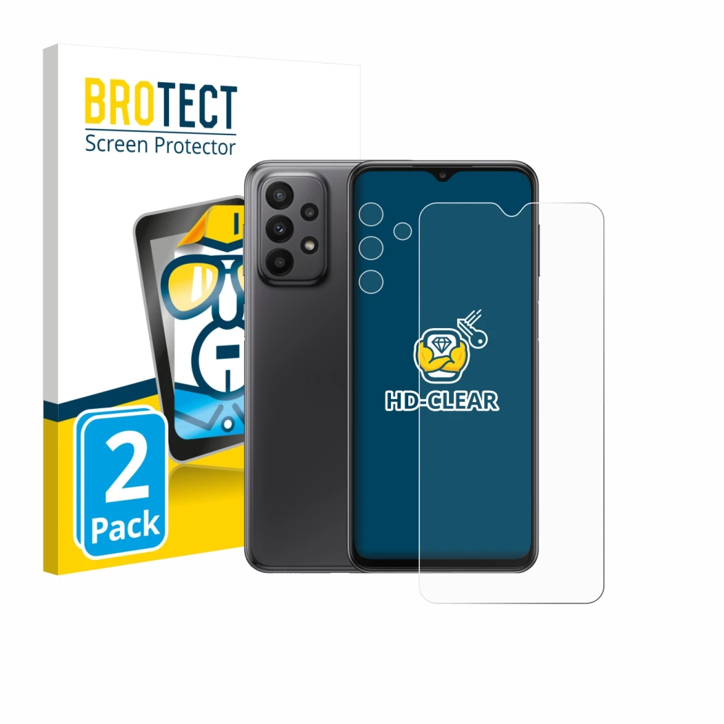 Vorderseite einer Produktverpackung mit dem Markenlogo BROTECT. Daneben ist das Gerät Samsung Galaxy A23 5G (Display+Kamera) m