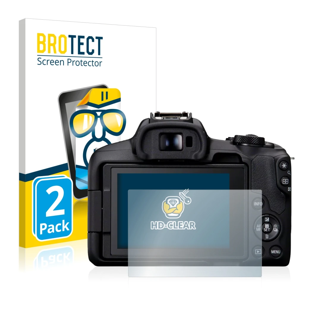 Vorderseite einer Produktverpackung mit dem Markenlogo BROTECT. Daneben ist das Gerät Canon EOS R50 mit dem zugehörigen Displa