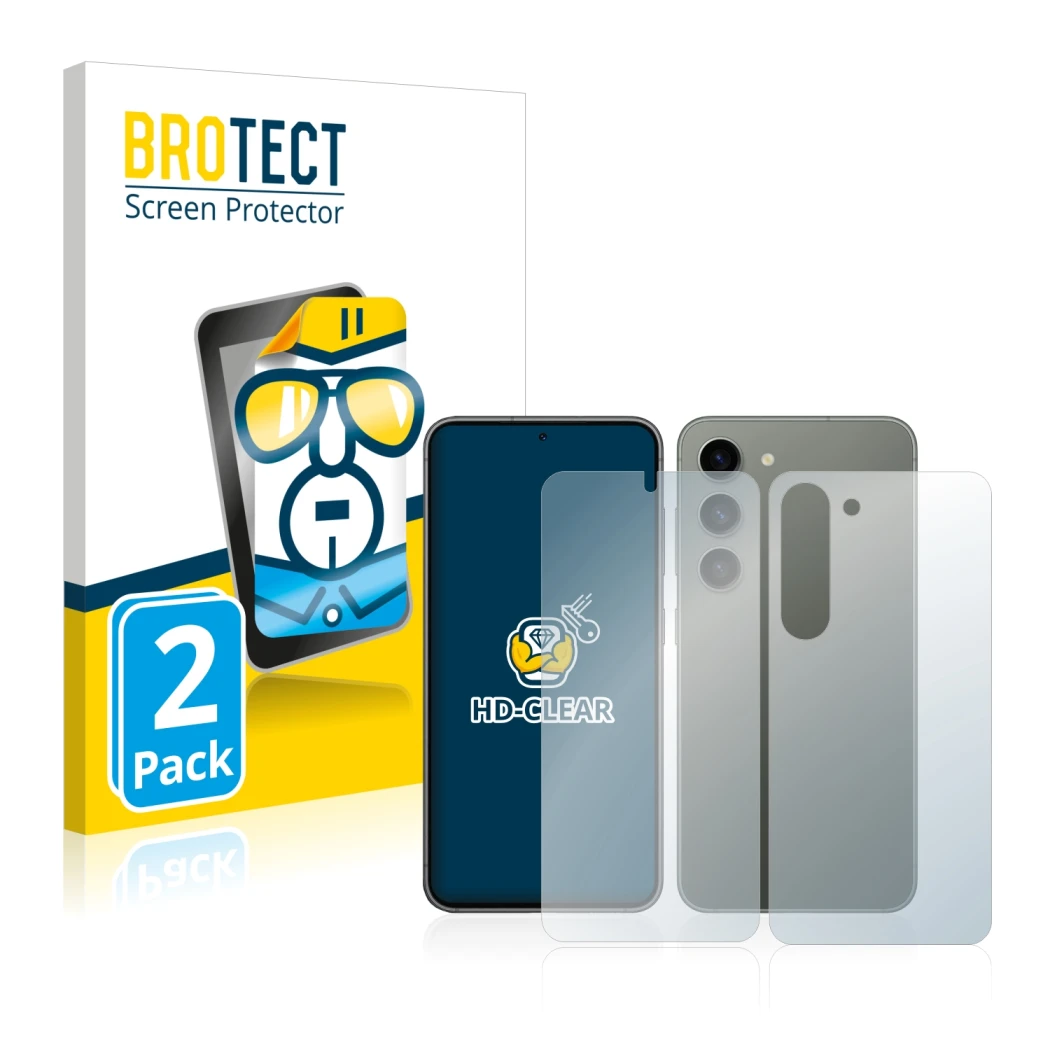Vorderseite einer Produktverpackung mit dem Markenlogo BROTECT. Daneben ist das Gerät Samsung Galaxy S23 (Display+Rückseite) m