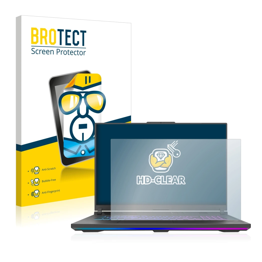 Vorderseite einer Produktverpackung mit dem Markenlogo BROTECT. Daneben ist das Gerät ASUS ROG Strix G18 G814 2023 mit dem zug