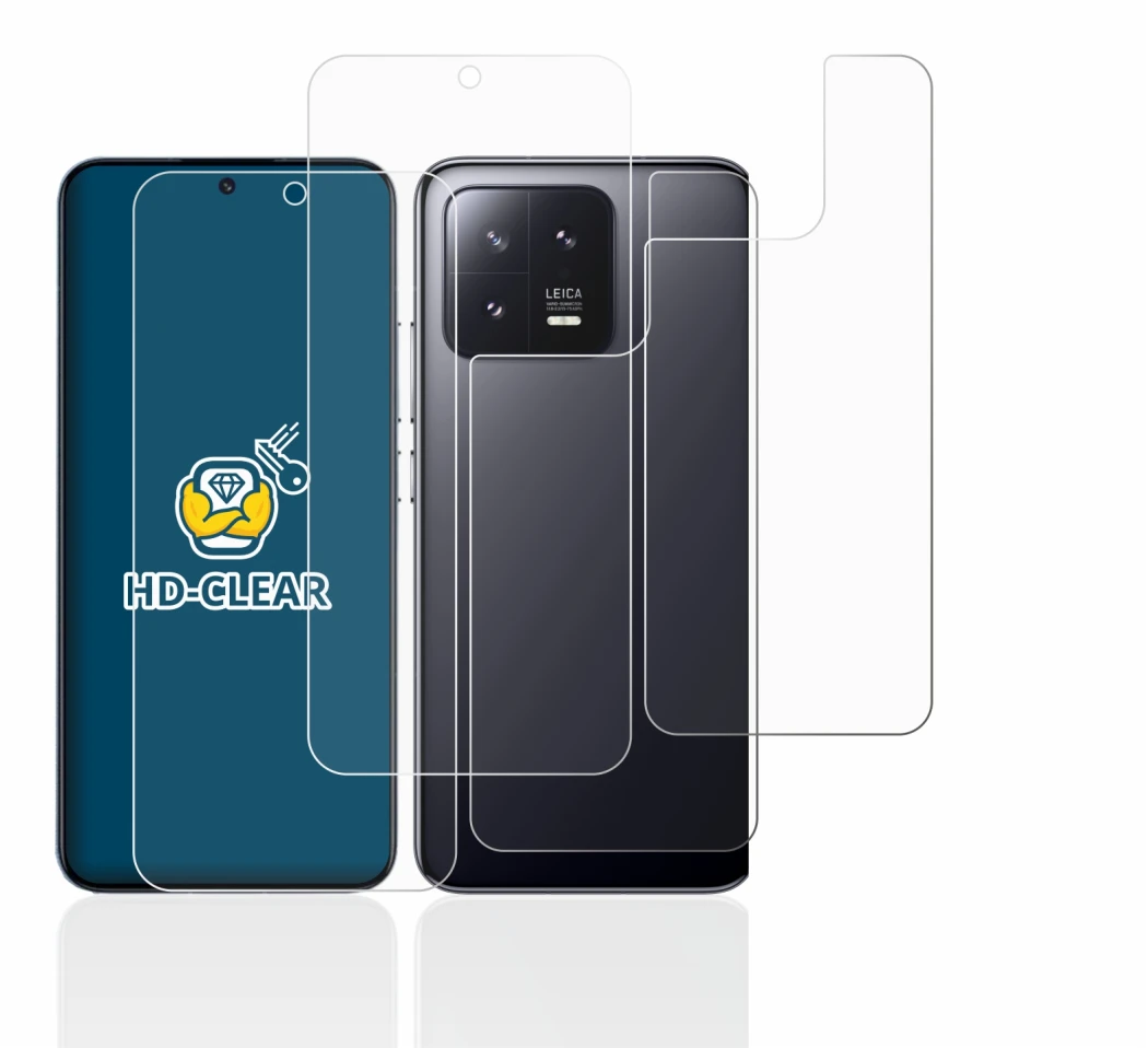 Abbildung des Geräts Xiaomi 13 (Display+Rückseite) mit einer Vielzahl des Displayschutzes.
